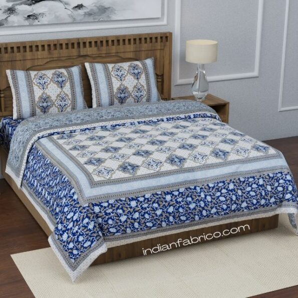 Ethnic Jaipuri Blue Flower Print King Size Bedsheet