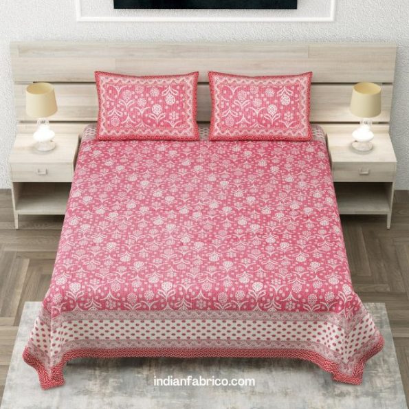 Light Pink Floral Jaal Print Pure Cotton King Size Bed Sheet (108×108)