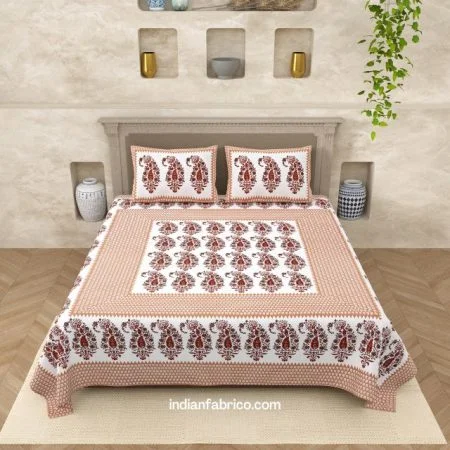 White Base Red Floral Paisley Pattern King Size Bedsheet (108×108)