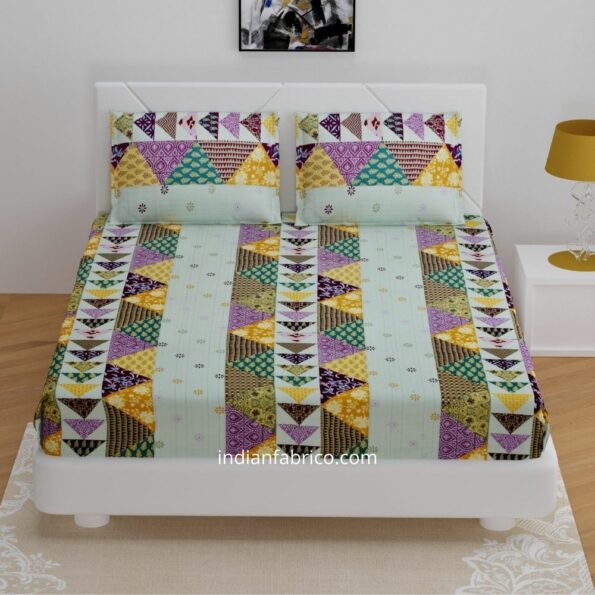 Barmeri Print Pista Green Patchwork Design King Size Bedsheets