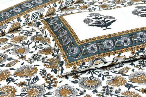 Ethnic Jaipuri Pure Cotton Grey Color Floral Double Bedsheet Closeup