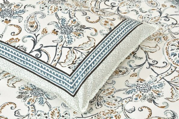 Ethnic Jaipuri Pure Cotton Paisley Floral Grey Border Double Bedsheet Closeup