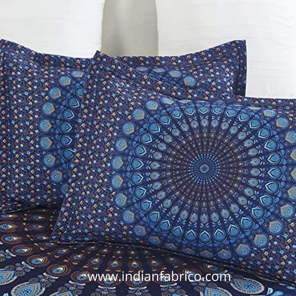 Peacock Mandala Tapestry Design Bed Sheet Bedding Set Blue Indian Cotton Cover 