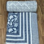 Indigo Dark Blue Floral Pure Cotton Reversible Single Bed Dohar