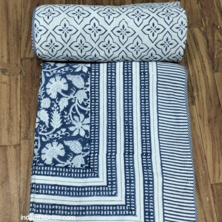 Indigo Dark Blue Floral Pure Cotton Reversible Single Bed Dohar