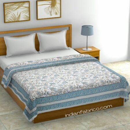 Pure Cotton Grey Floral Double Bed Dohar + Double Bedsheet with Two Pillow Covers