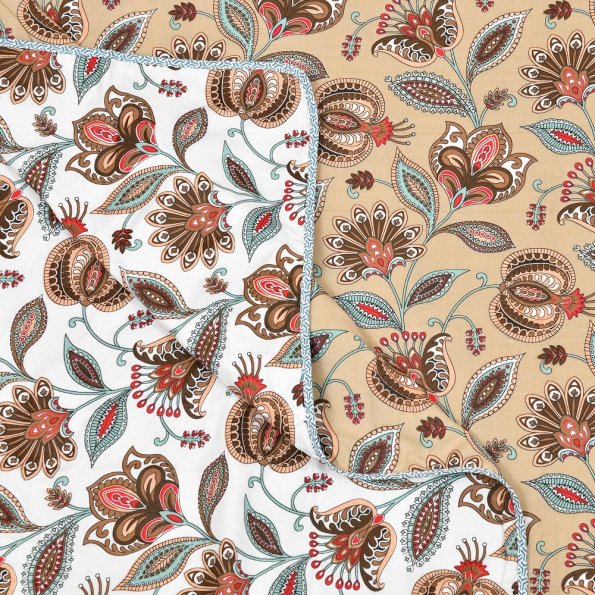 White Base Brown Flower Motif Pure Cotton Reversible Double Bed Dohar Front