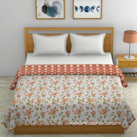 White Base Orange Flower Motif Pure Cotton Reversible Double Bed Dohar