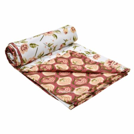 White Base Orange Flower Motif Pure Cotton Reversible Double Bed Dohar Roll