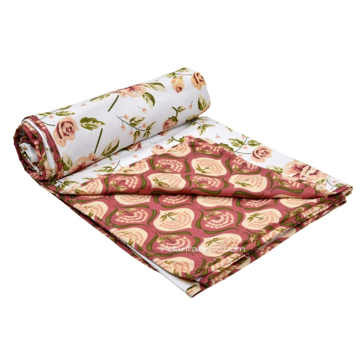 White Base Orange Flower Motif Pure Cotton Reversible Double Bed Dohar Roll White Base Orange Flower Motif Pure Cotton Reversible Double Bed Dohar Roll