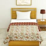 White Base Orange Flower Motif Pure Cotton Reversible Single Dohar