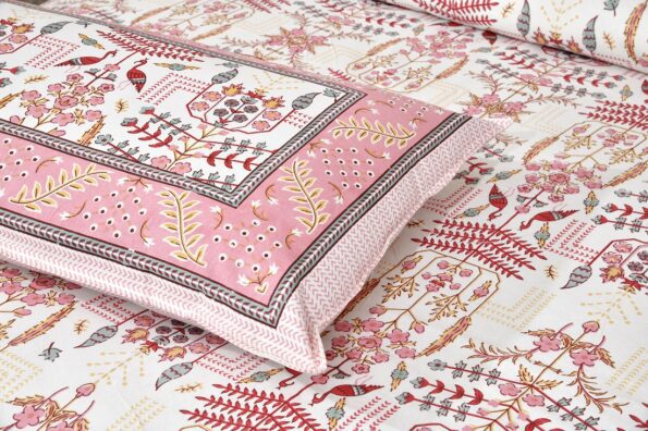 Artistic Modern Pink Cream Jaipuri Print Double Bedsheet Closeup