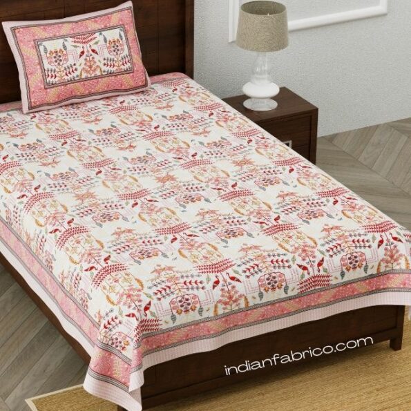 Artistic Modern Pink Cream Jaipuri Print Single Bedsheet
