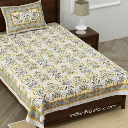 Artistic Modern Yellow Cream Jaipuri Print Single Bedsheet