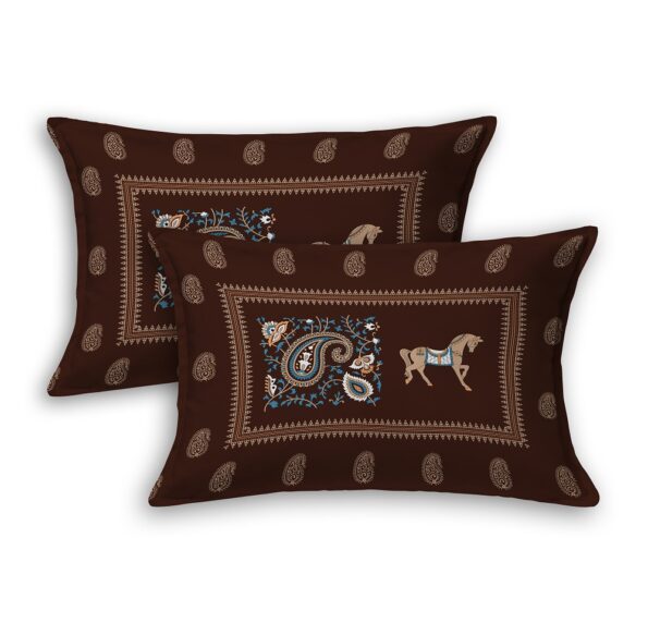 Chocolate Brown Discharge Horse Rajwada Printing King Size Bedsheet Pillows