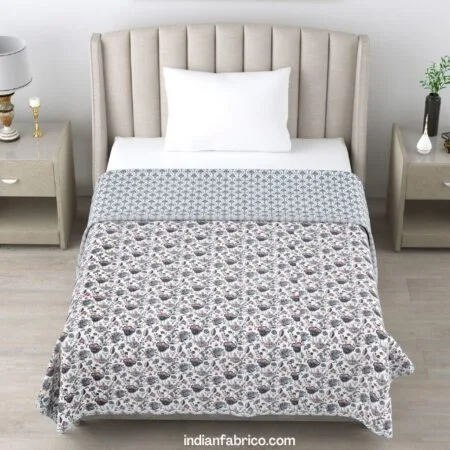 Grey Flower Reversible Pure Cotton Single Bed Dohar