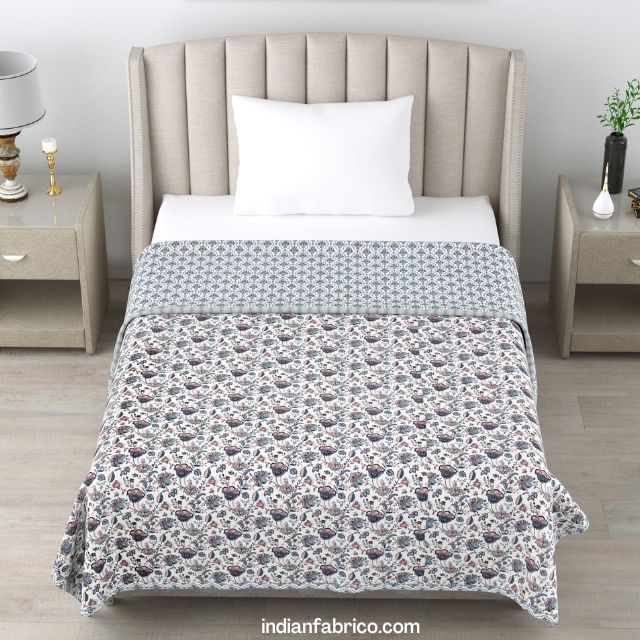 Grey Flower Reversible Pure Cotton Single Bed Dohar Grey Flower Reversible Pure Cotton Single Bed Dohar