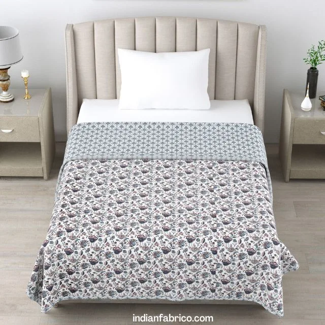 Grey Flower Reversible Pure Cotton Single Bed Dohar