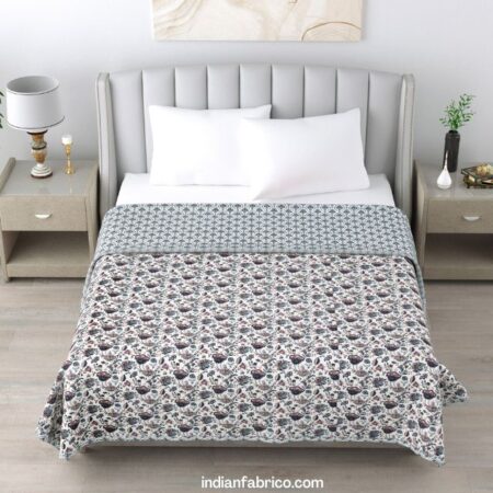 Grey Flowers Bunch Pure Cotton Reversible Double Bed Dohar
