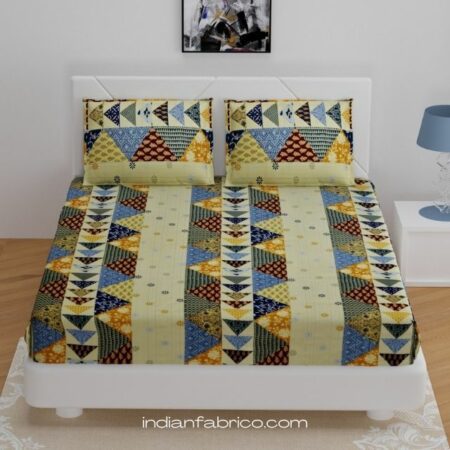 Indian Fabrico Barmeri Print Triangle Shape King Size Fitted Bedsheet with Two Pillow Covers