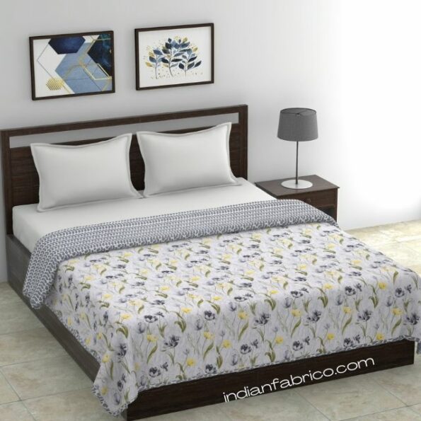 Indian Fabrico Grey Flower Reversible Pure Cotton Double Bed Dohar