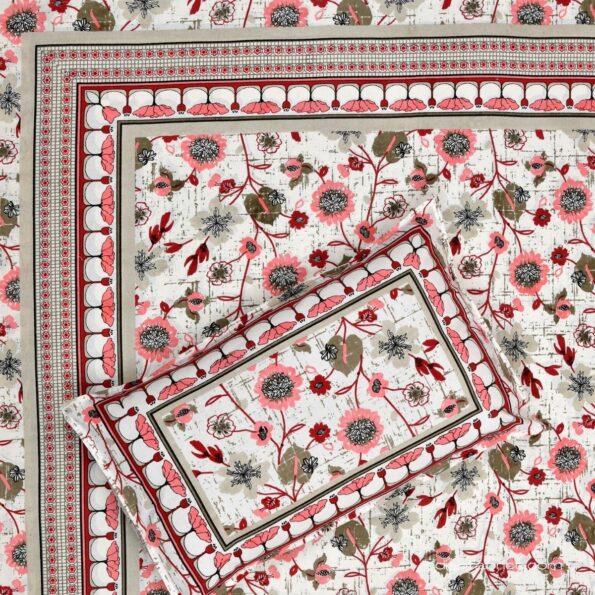 Jaipuri Pink Floral Print Single Bedsheet Front
