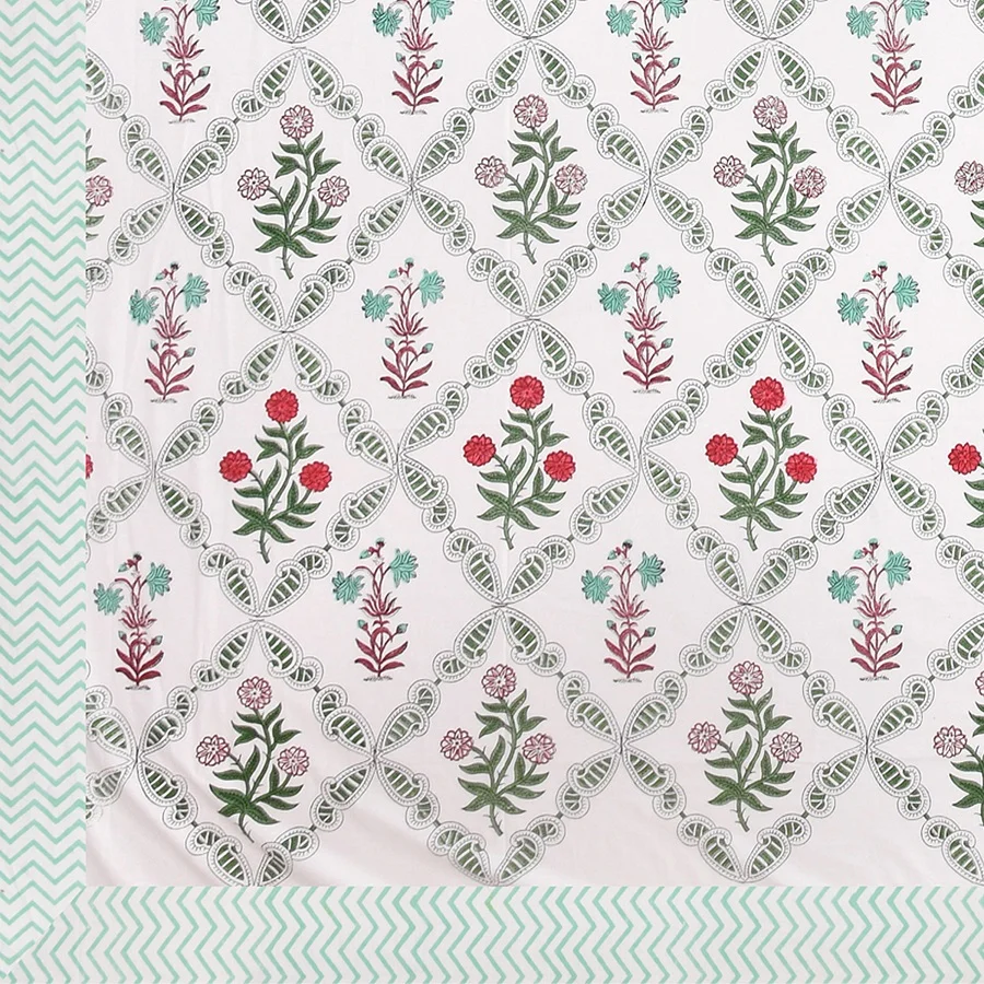 Premium Floral Jaal Handblock Printed King Size Bedsheet edges Premium Floral Jaal Handblock Printed King Size Bedsheet edges