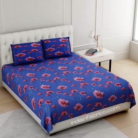 Sun Flower Blue Base Double Bedsheet With 2 Pillow Covers