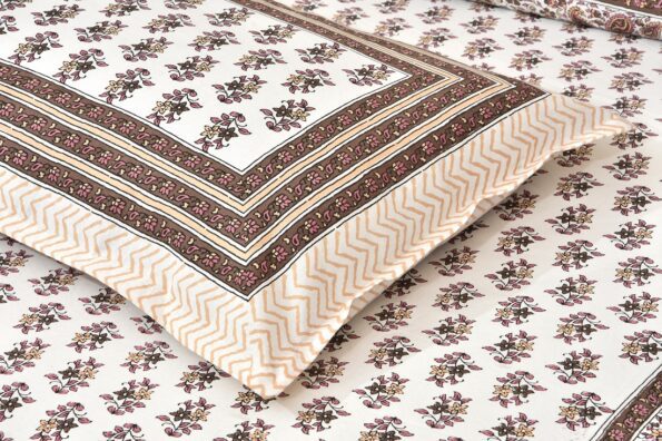 Brown Floral Print Cotton Double Bed Sheet Closeup