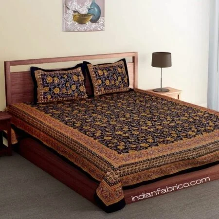 Dark Black Base Brown Floral Double Bedsheet with 2 Pillow Covers