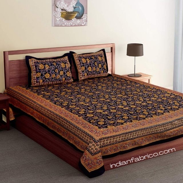 Dark Black Base Brown Floral Double Bedsheet Dark Black Base Brown Floral Double Bedsheet with 2 Pillow Covers