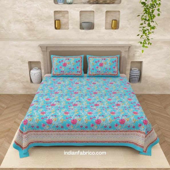 Deep Aquatic Sky Blue Floral Print King Size Bedsheet (108×108)