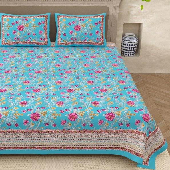 Deep Aquatic Sky Blue Floral Print King Size Bedsheet
