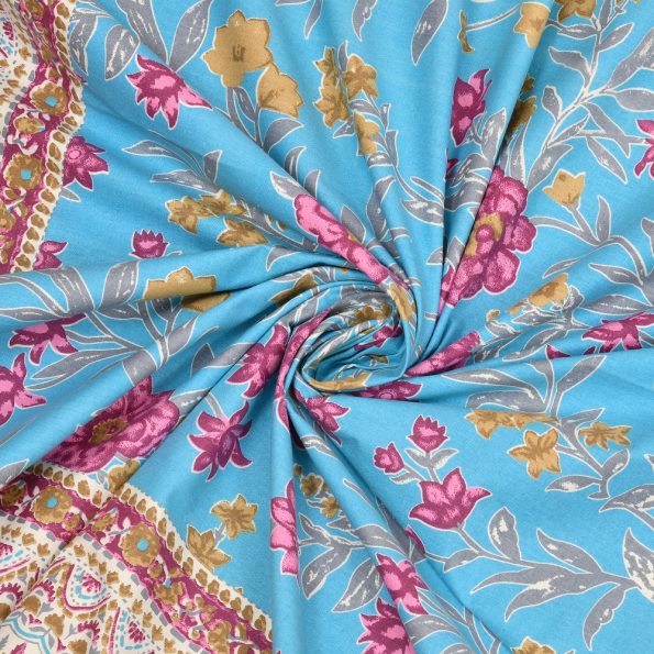 Deep Aquatic Sky Blue Floral Print King Size Bedsheet Closeup