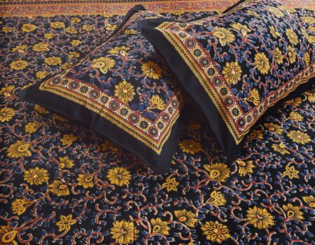 Indian Fabrico Dark Black Base Brown Floral Double Bedsheet Closeup