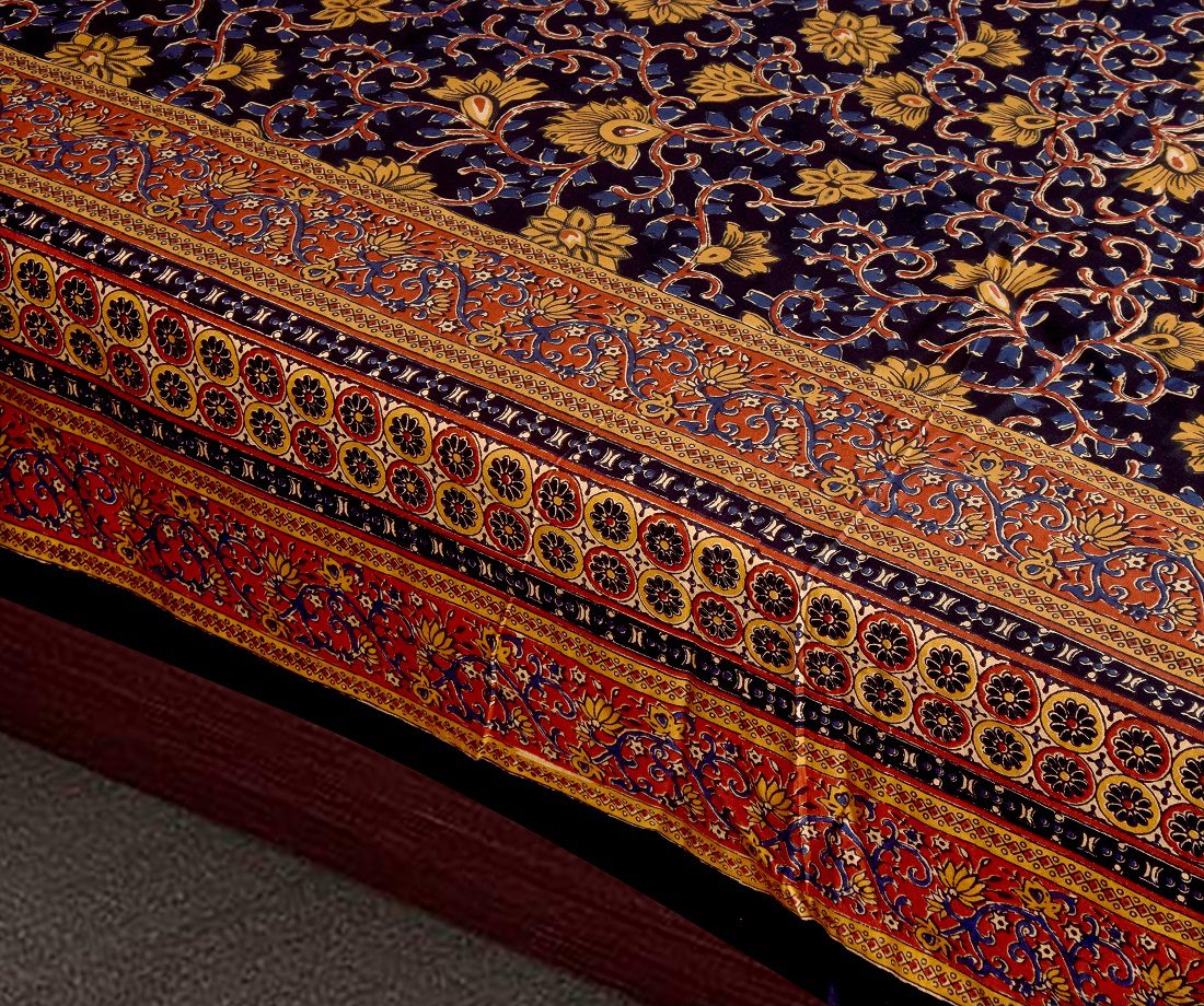 Indian Fabrico Dark Black Base Brown Floral Double Bedsheet Sideview Indian Fabrico Dark Black Base Brown Floral Double Bedsheet Sideview