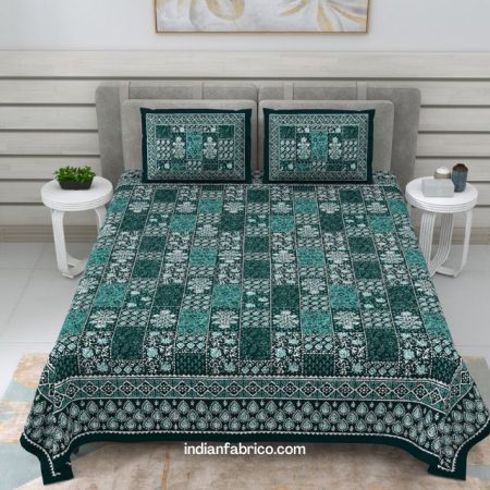 Indigo Jaipuri Dark Green Floral Jaal Print Double Bedsheet