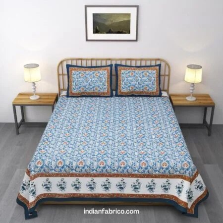 Jaipuri Blue Base Gold Printed Pure Cotton King Size Sheets with Two Pillow Cover