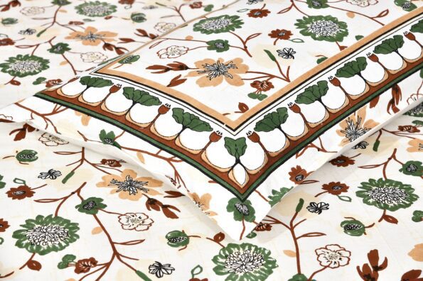 Jaipuri Green Floral Print Double Bedsheet Closeup