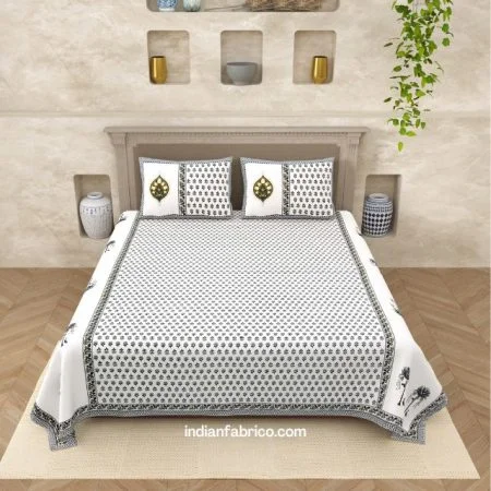 White Base Grey Handblock Motif Print King Size Bedsheet (108x108)