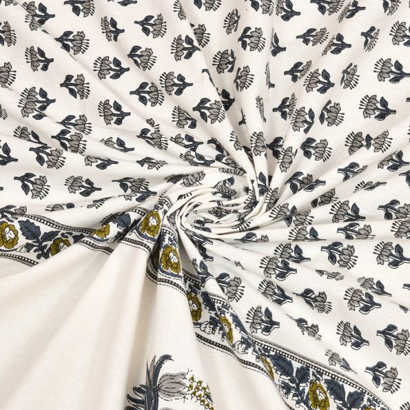 White Base Grey Handblock Motif Print King Size Bedsheet Closeup
