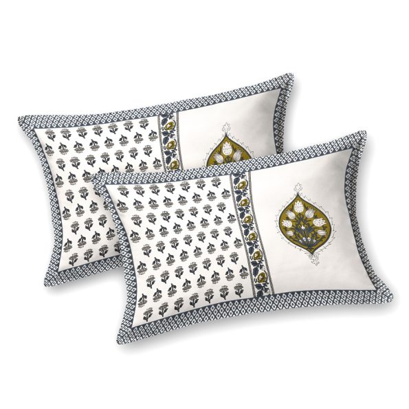 White Base Grey Handblock Motif Print King Size Bedsheet Pillow Covers