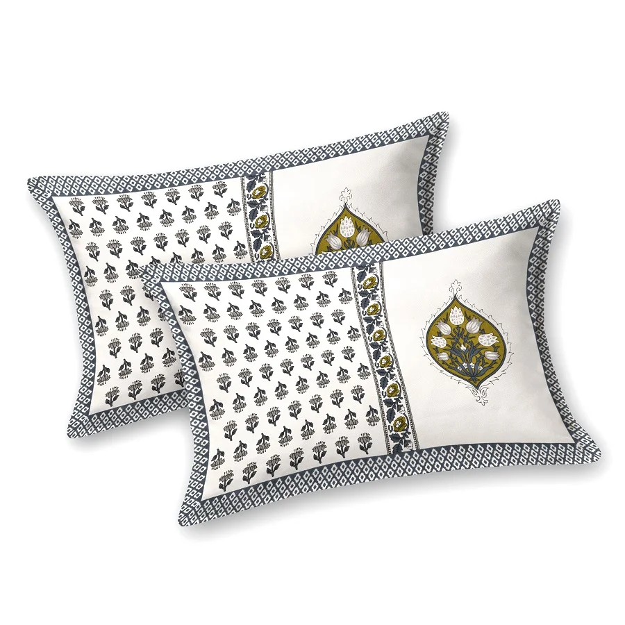White Base Grey Handblock Motif Print King Size Bedsheet Pillow Covers