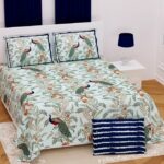 Fitted Sheet - Green Base Peacock Printed Fitted Bedsheet with Two Pillow Covers
