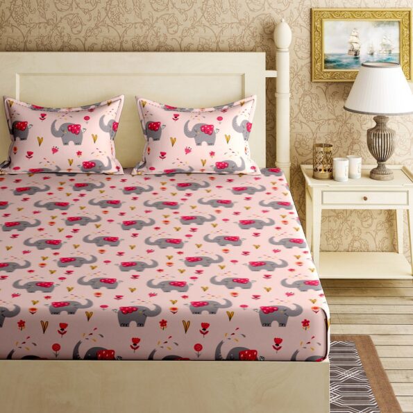 Fitted Sheet – Kids Baby Elephant Peach King Size Fitted Bedsheet TopView