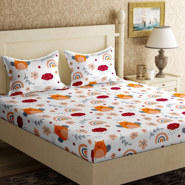 Fitted Sheet – Kids Orange Night Owl King Size Fitted Bedsheet Front View