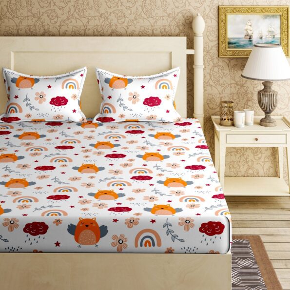 Fitted Sheet – Kids Orange Night Owl King Size Fitted Bedsheet Topview
