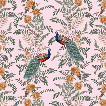 Fitted Sheet – Pink Base Peacock Printed Fitted Bedsheet Closeup