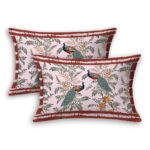 Fitted Sheet – Pink Base Peacock Printed Fitted Bedsheet with Two Pillow Covers