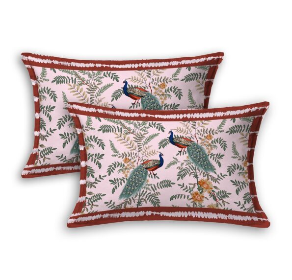 Fitted Sheet – Pink Base Peacock Printed Fitted Bedsheet Pillow Covers